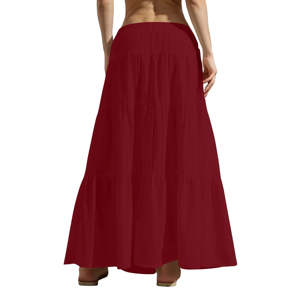 Women's Flared Ruffle Hem Maxi Skirt Fashion Women Solid Long Skirts Elastic Waist Elegant Long Skirt Spring Summer Cake Dress