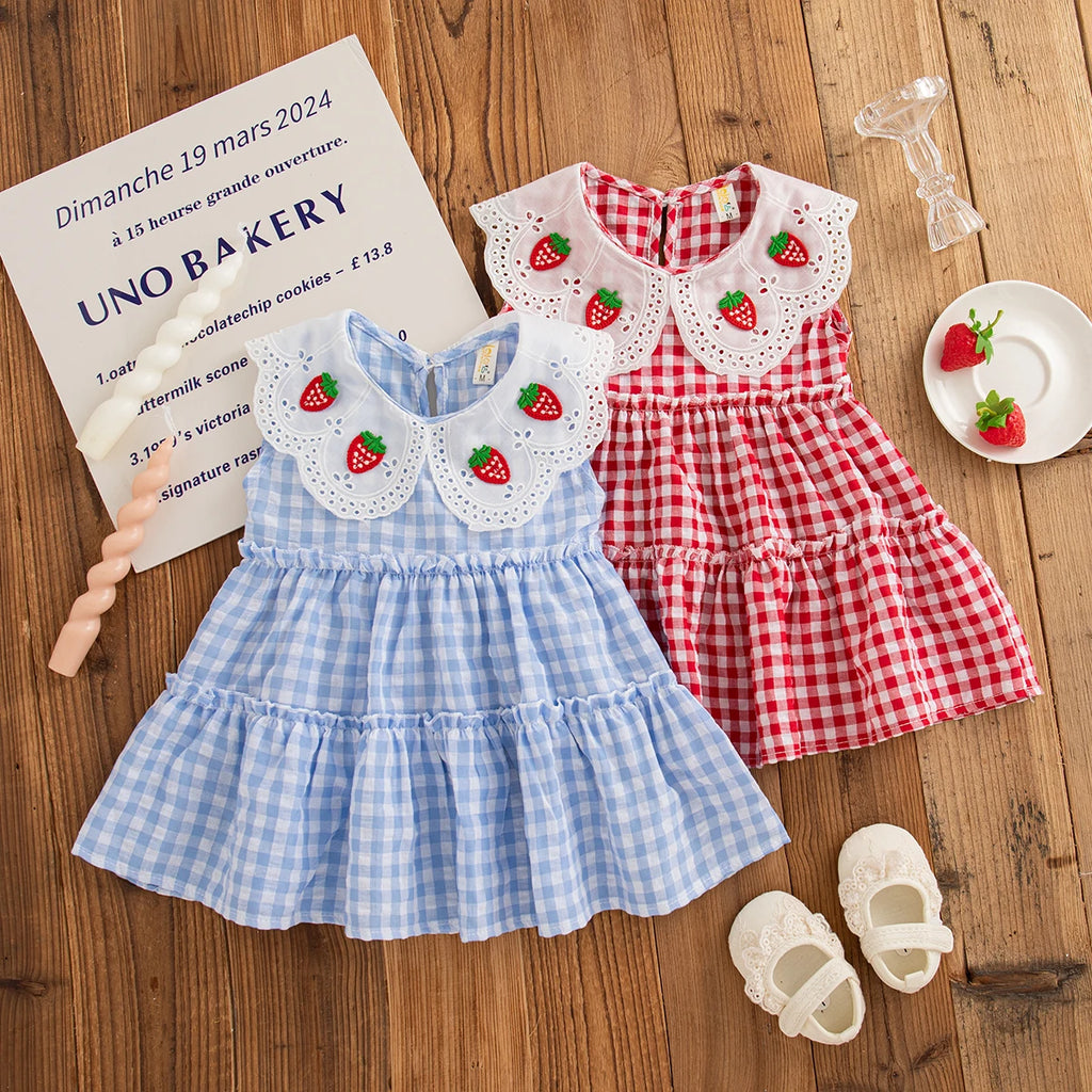 Summer New Baby Girl Plaid Dress Cute Red Strawberry Children'S Clothing (6 Months -3 Years Old)