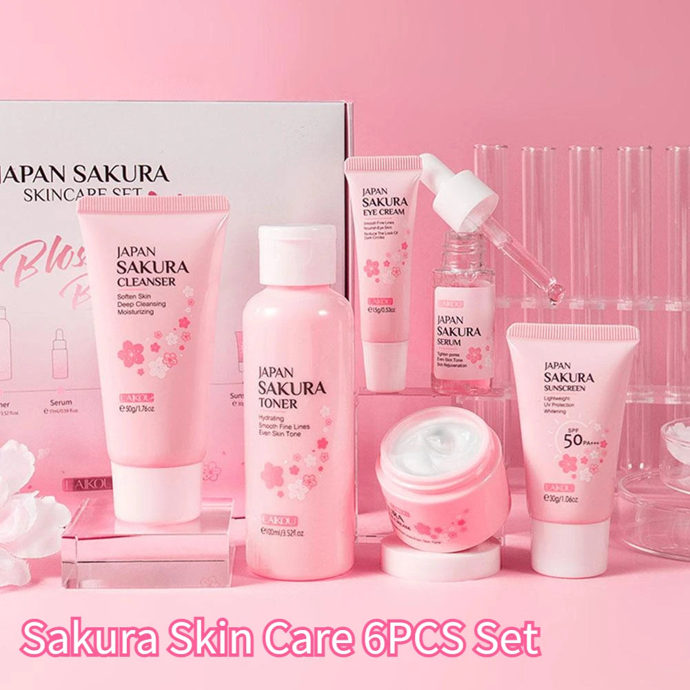 6Pcs/Set Sakura Skin Care Sets Face Cream Serum Toner Facial Cleanser Sunscreen Eye Cream Face Skin Care Set Product Box