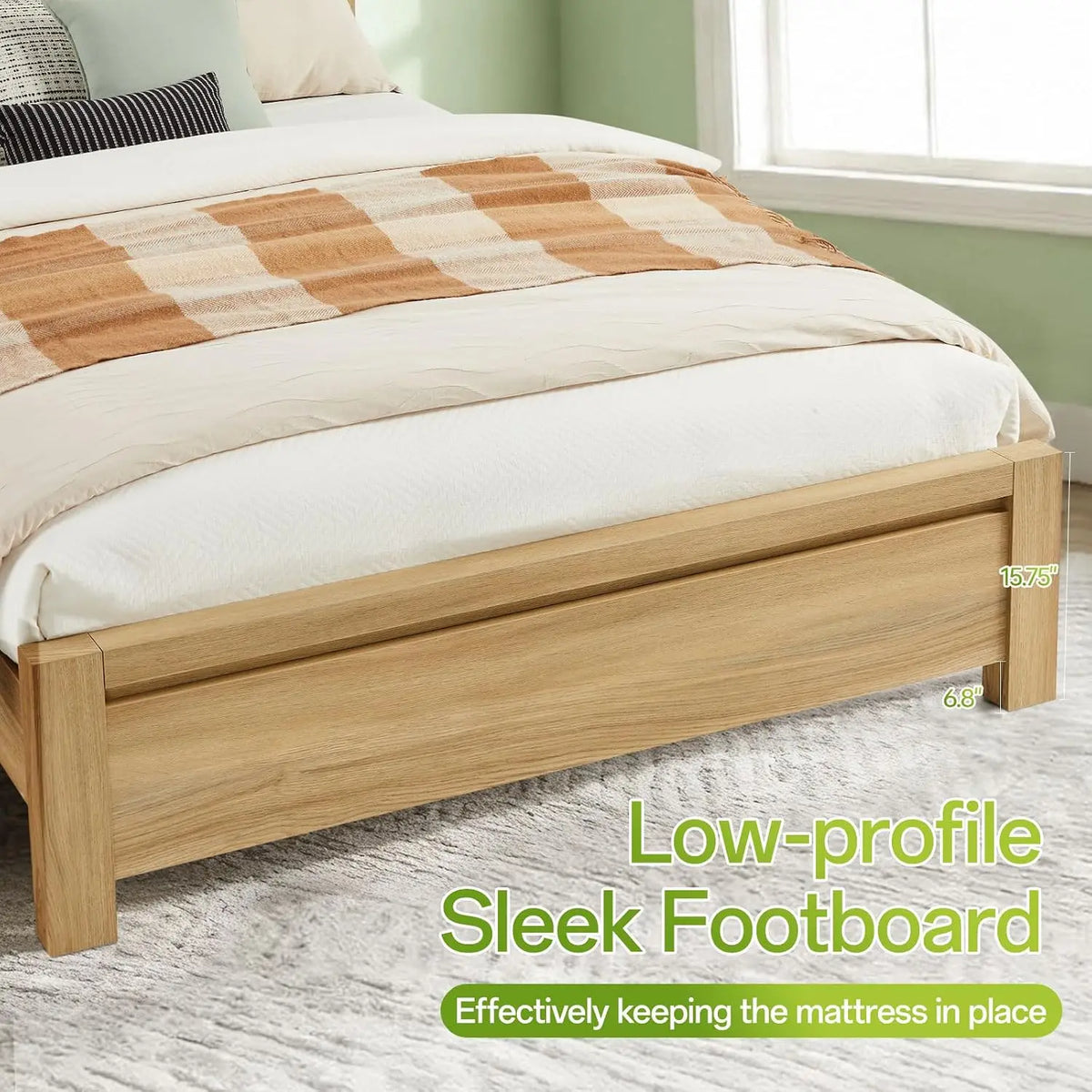 Mid-Century Queen Bed Frame Headboard Wood Slat Support Noise Free No Box Spring 1000Lb Easy Assembly Oak, Customized