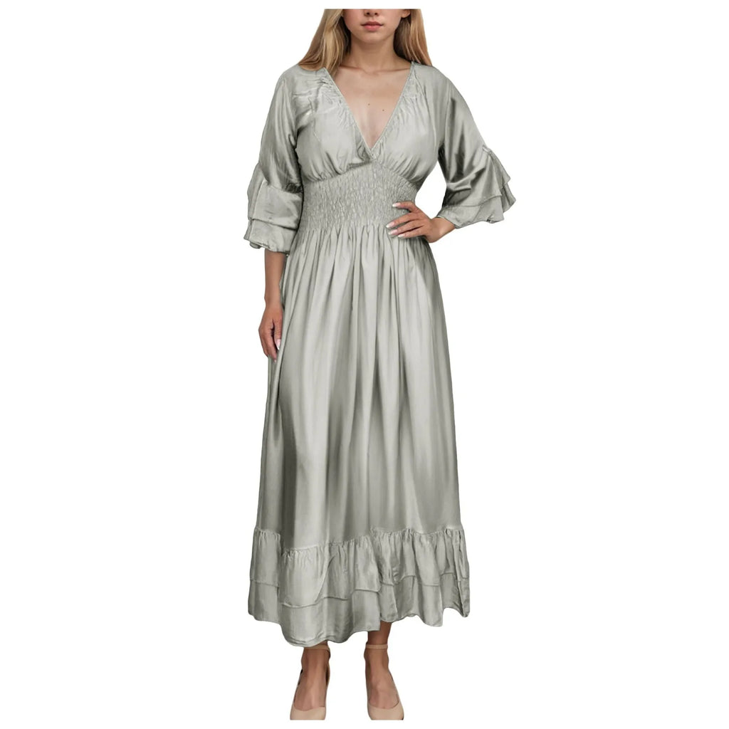 Womens Work Dresses Business Casual Women Sexy V Neck Ruffle 3/4 Sleeve Dress Casual Loose Ruffle Tiered Womens Sweater Dress