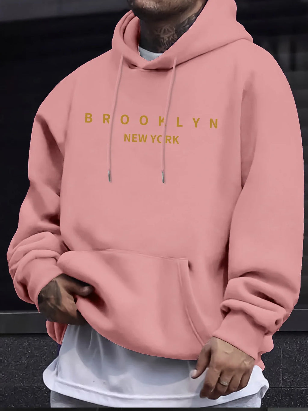 Men's autumn and winter casual fashionable loose brooklyn letter print long sleeved hooded warm sports pullover