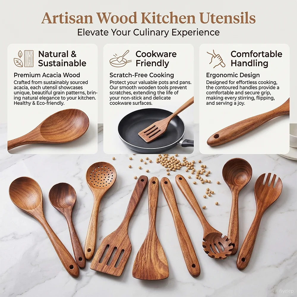 10pcs Wooden Spoons For Cooking Wooden Utensils For Cooking Teak Wooden Kitchen Utensils Set