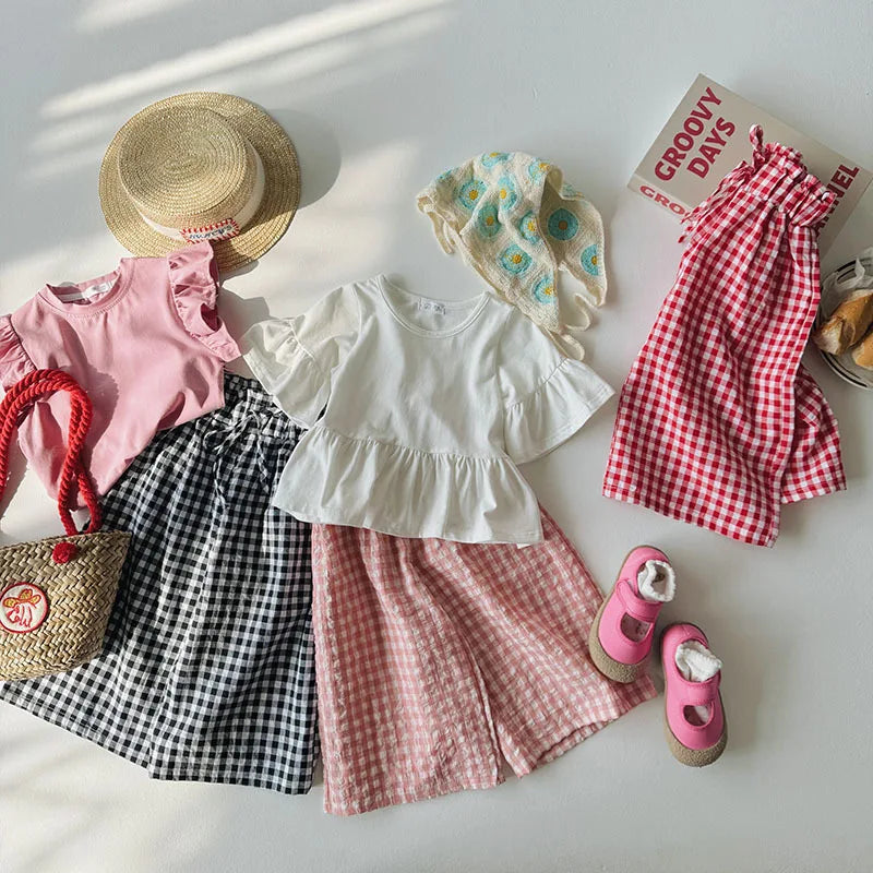 Kids Pants Plaid Printed Wide-leg Pants Flower Waist Summer Culottes Girls Pants Kids Clothes for Girls 2 To 8 Years