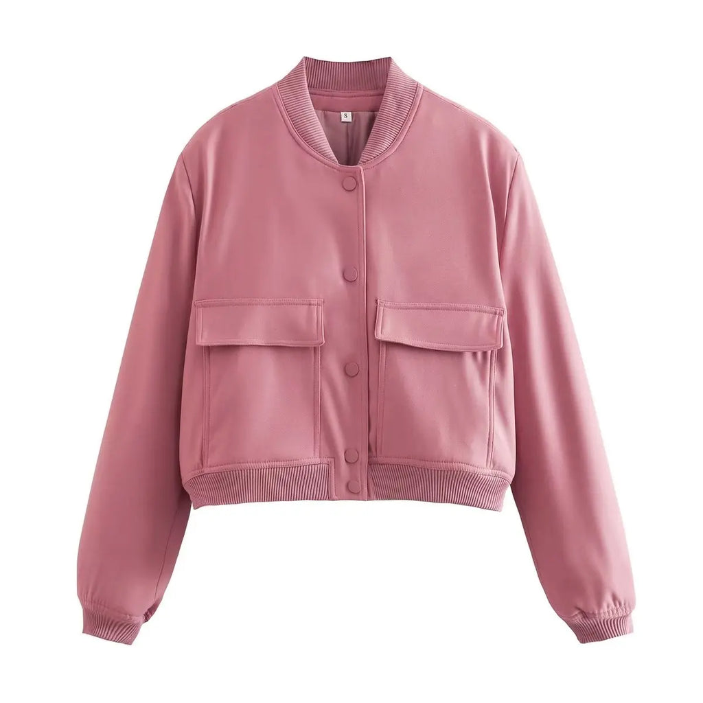 Women's Vintage V-Neck Bomber Jacket with Pockets