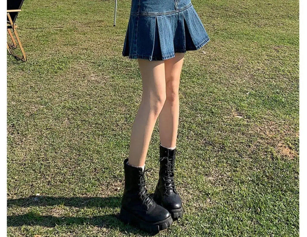 Retro American Blue Hot Girl Pleated Denim  Skirt Women's Summer New Pure Desire A-Line High Waist Short Skirt