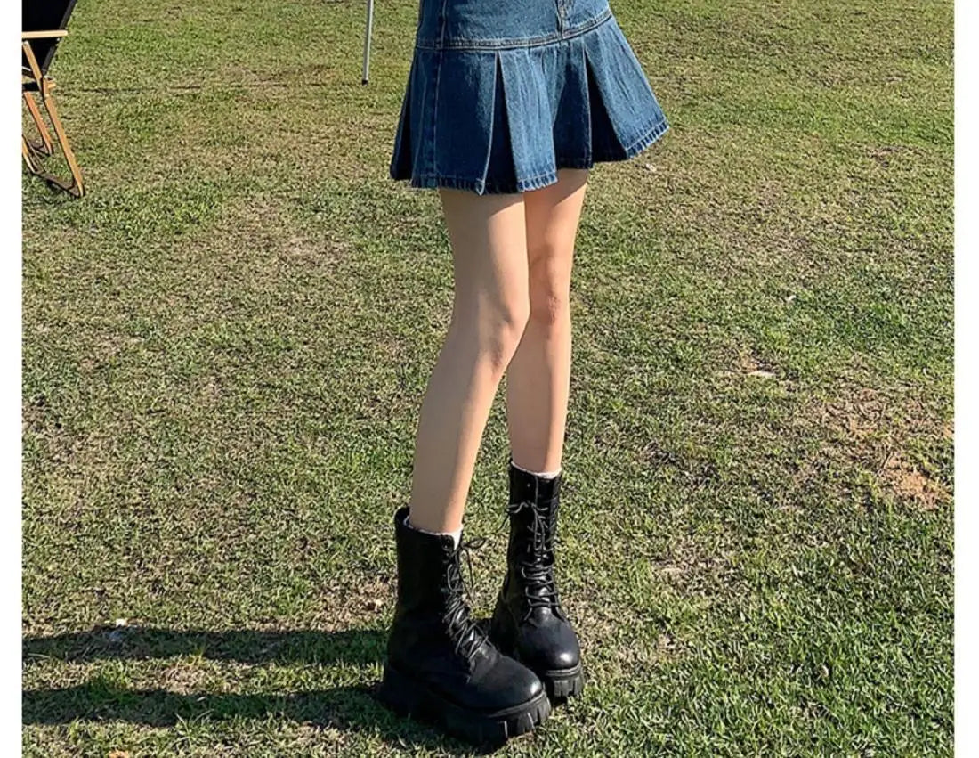 Retro American Blue Hot Girl Pleated Denim  Skirt Women's Summer New Pure Desire A-Line High Waist Short Skirt