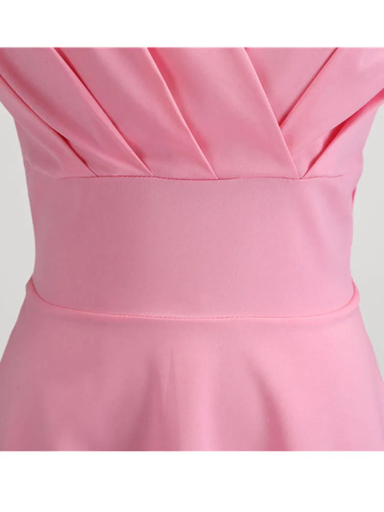 Women's Vintage V-Neck Pink Midi Dress