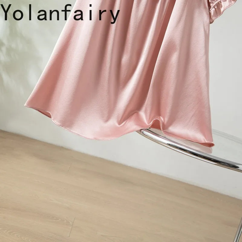 YOLANFAIRY 93% Real Mulberry Silk Pajamas for Woman 2026 Spring Summer High-end Sets Woman 2 Piece Short Sleeve Pijamas De Mujer