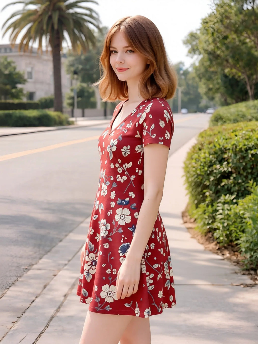 Floral Print Womens V Neck Short Sleeve A Line Dress Relaxed Fit Summer Mini Dress for Casual Days Vacation Trips and Gatherings