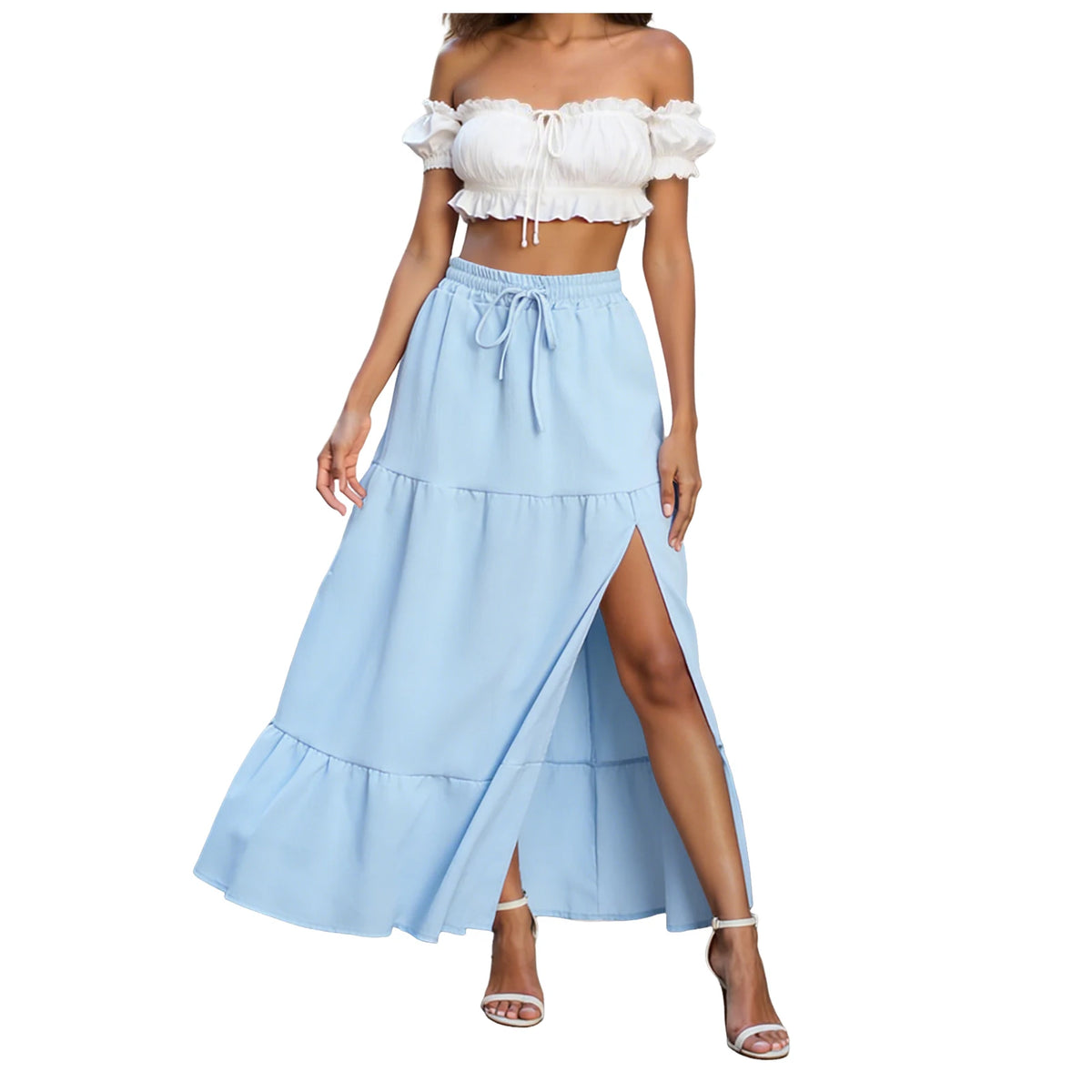 Women Flowing A Line Long And Wide Leg Skirt Summer Casual Pure Color Elastic Waistband A Shaped Pattern Bohemian Skirt. Beach