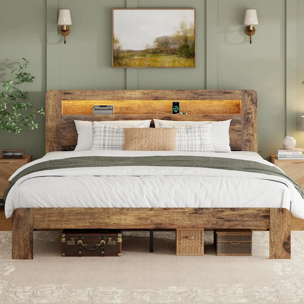 King Size Wooden Platform Bed with Storage Headboard & Charging Station LED Lights Slats No Box Spring, Customized