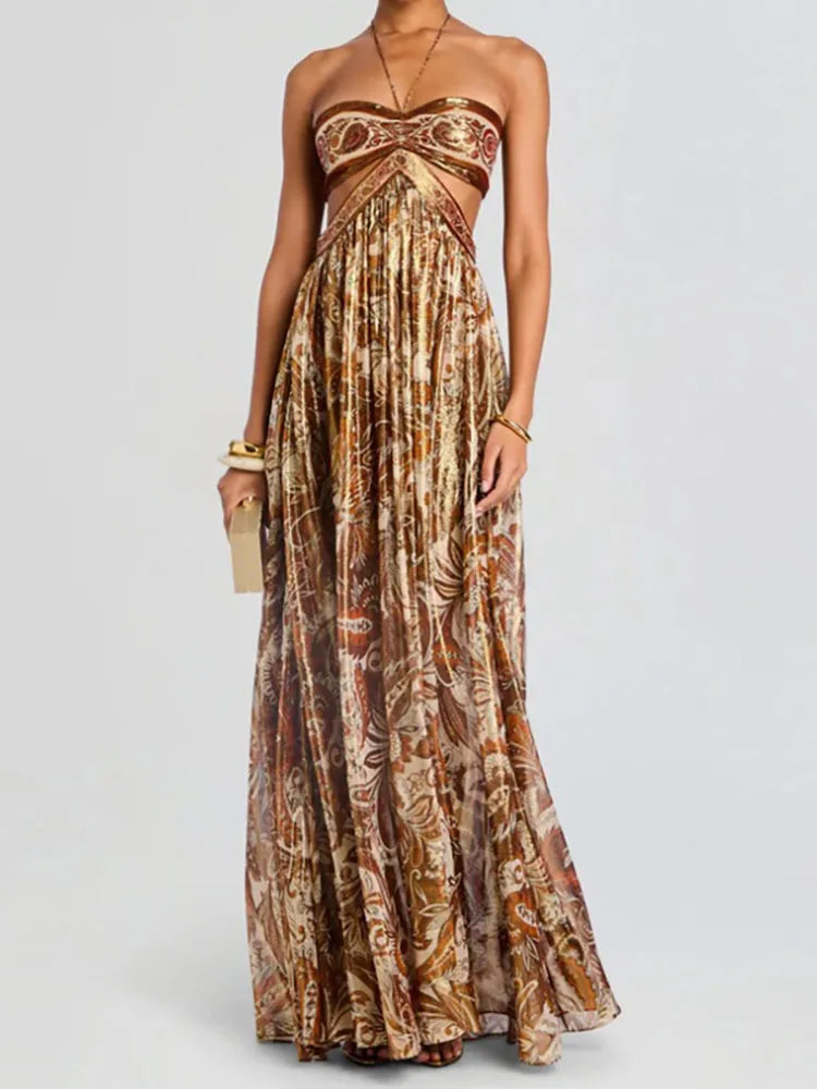 Vintage Pattern Print Swing Party Dress Women Sexy Halter Sleeveless Pleat Long Dress Elegant Backless Lace-Up Bohe Beach Dress