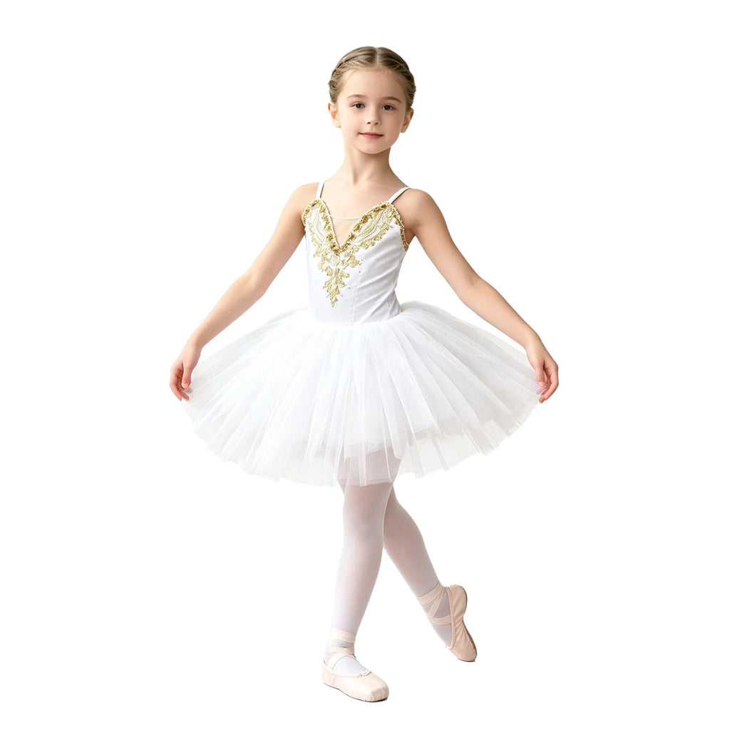 Kids Girls Ballet Dance Leotard Dress Ballerina Costume Professional Performance Dancewear Adjustable Strap Tulle Tutu Dress
