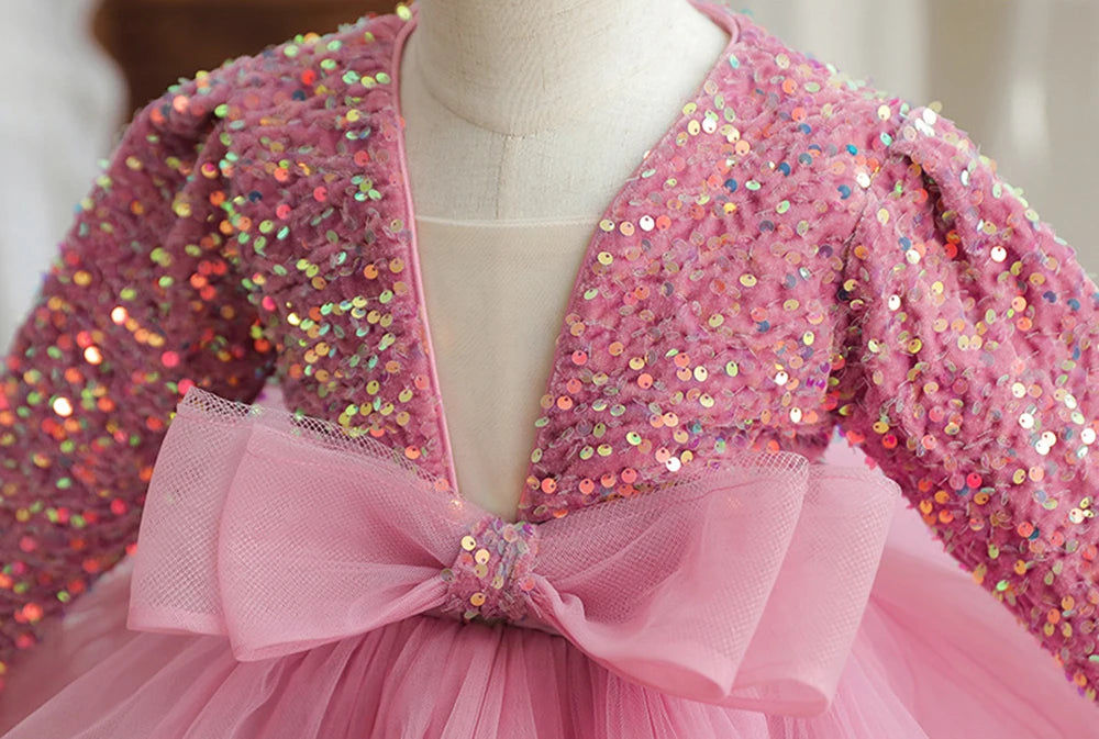 HETISO Girls Party Dresses Long Sleeve V-Neck Kid's Children Elegant Dress for Girl Sequined Tutu Wedding Ball Gowns 4 6 8 10Y