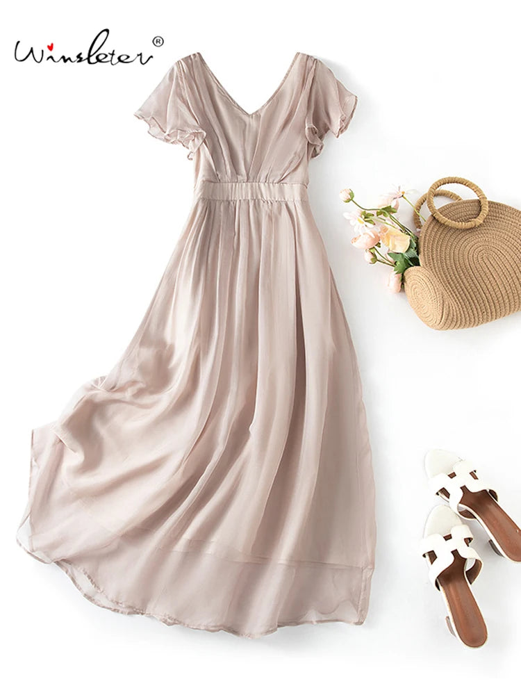 Winsleter-Women 100%Real Silk Elegant Dress, V Neck Flying Sleeve Ruffles, Beach Vacation Bohemia Dresses, 2025 Summer D55404CC