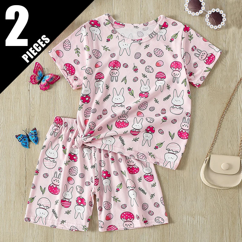 Children's Unisex Cartoon Print Short-Sleeve T-Shirt and Shorts Set