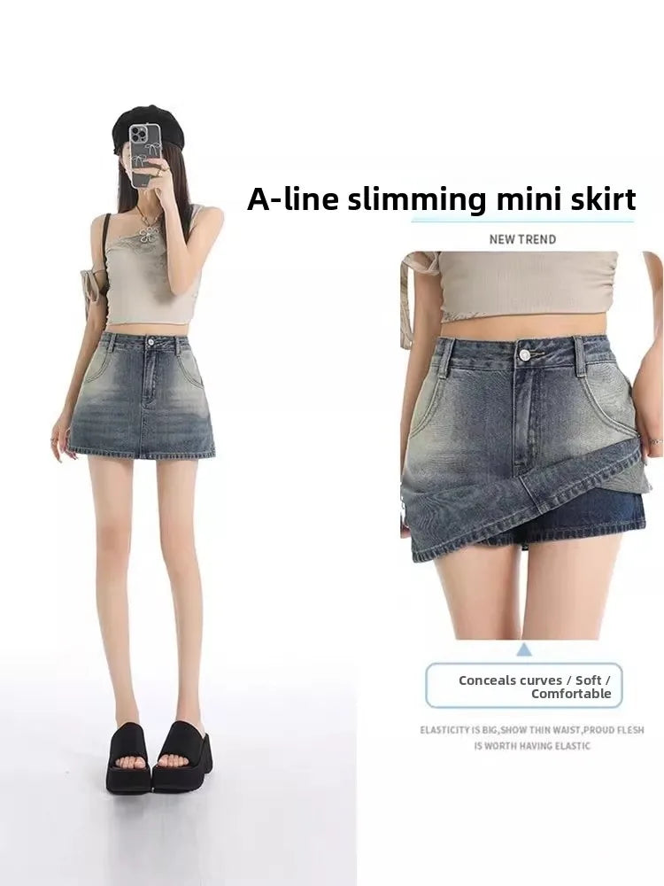 Retro American Washed Slim Fit Denim  Skirt Women Summer Hot Girl High Waist Bodycon Anti Exposure a Line Half Body Skirt