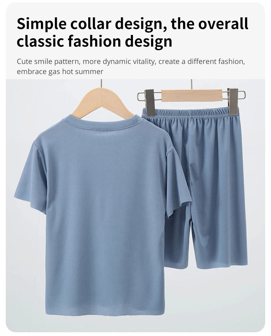 2-piece Summer Children's Solid Color Ice Silk Suit Boys Casual Fashion Cool Short-sleeved Girl Han Fan Joker Shorts Home Clothe