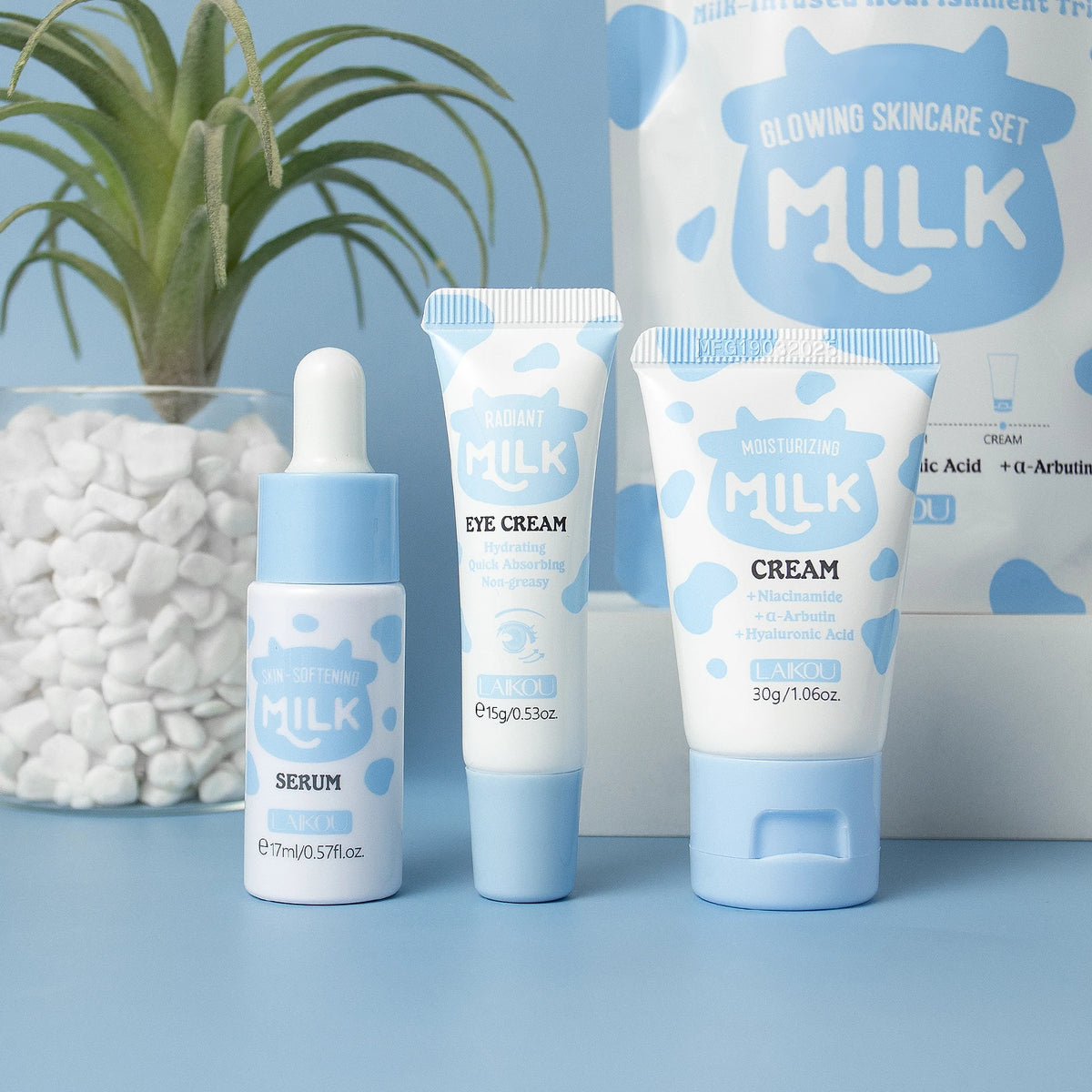 LAIKOU Milk Glowing Trio Skincare Set - Hydrating Serum & Cream Kit