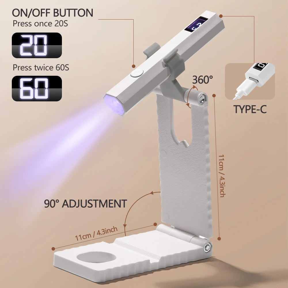 Lámpara de uñas LED UV con soporte, luz UV de mano con pantalla LCD para uñas de gel, secador de uñas USB recargable para curado rápido