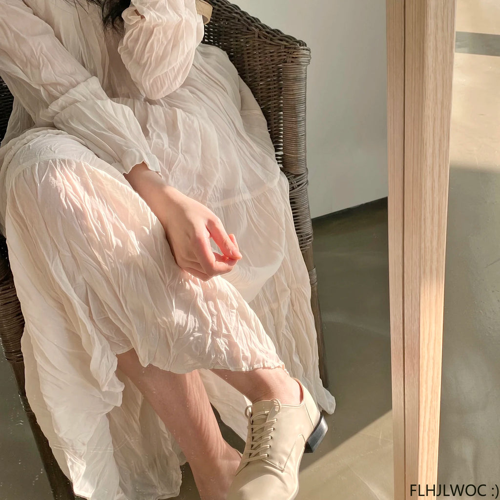 Autumn Spring Wrinkle Loose Dresses New Hot Women Cute Japan Style Retro Vintage Girls Holiday Casual Solid Apricot White Dress