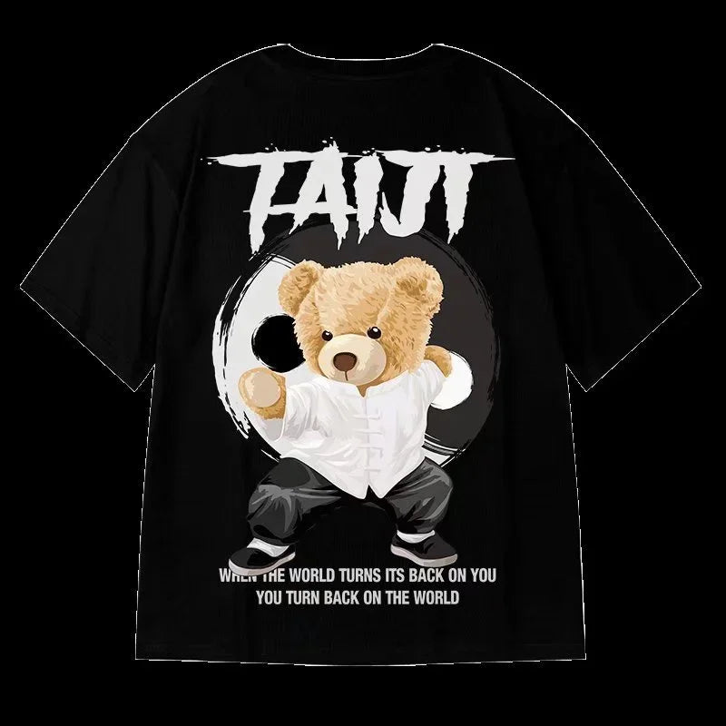 M-8Xl Men'S T Shirt Oversized Streetwear Hip Hop Loose Fashion Korean Short Sleeve Round Neck Print Kung Fu Bear Couple Clothes