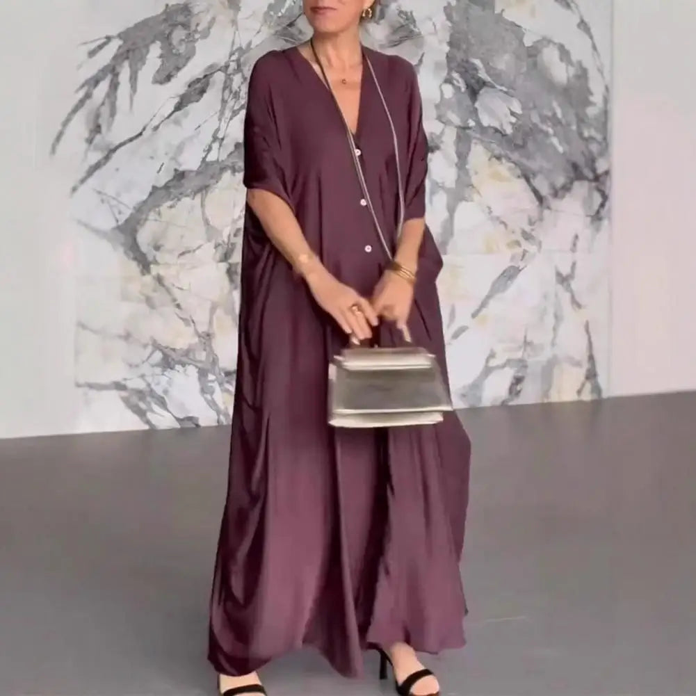 Women Maxi Dress V-Neck Buttoned Placket Batwing Sleeves Maxi Dress Solid Color Loose Cut Satin Casual Wide Style Dress