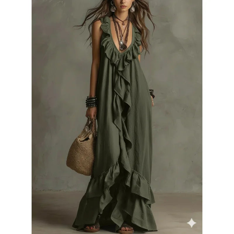Boho Ruffled Maxi Dress Deep V Sleeveless Cascading Ruffle Loose Flowy Floor Length Beach Vacation Casual Long Dresses Cover Up
