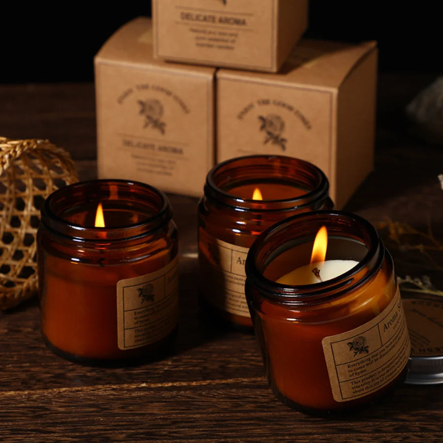 Handmade Brown Glass Aromatherapy Soy Candle – Smokeless Scented Candle for Home Decor & Gifting