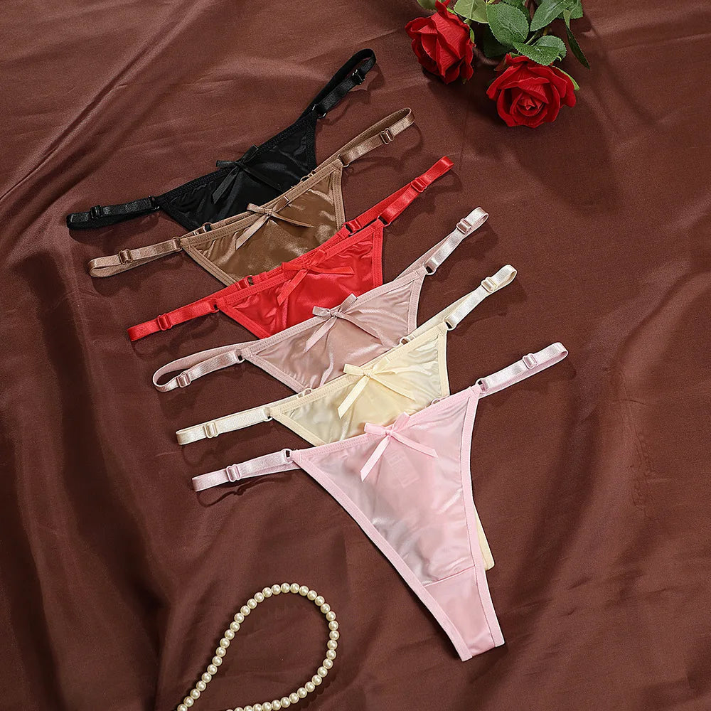Sexy Satin Adjustable Girls G-Strings Pants Comfort Low Rise Bow Briefs Underwear Seamless Thong for Women Женские Трусы