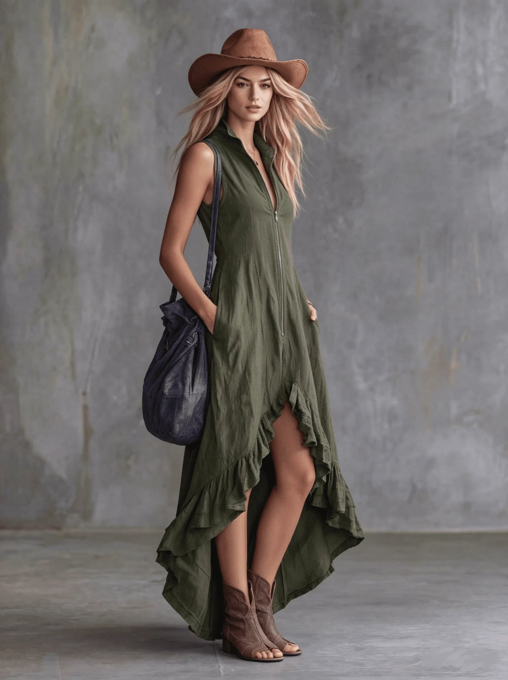 Women's Sleeveless Half Zip Maxi Dress Stand Collar High Low Ruffle Hem A-Line Long Dress with Pockets