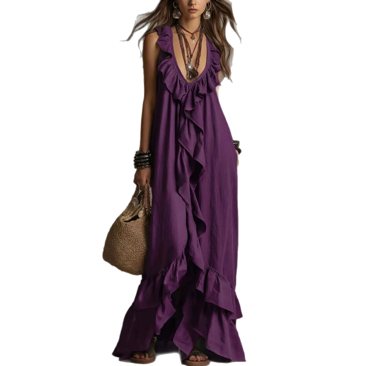 Summer Woman Dress Sleeveless Ruffle Neck Dresses Women's Pleated Maxi Dress V Neck Asymmetrical Hem Boho Dress Layered Ruffles