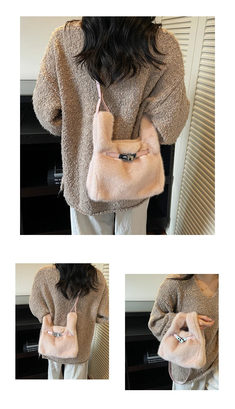 Fashionable Women's Bags Trend 2025 Faux Fur Shoulder Bags Plush Faux Mink Luxury Handbags Chic Crossbody Bag Solid Color Purses