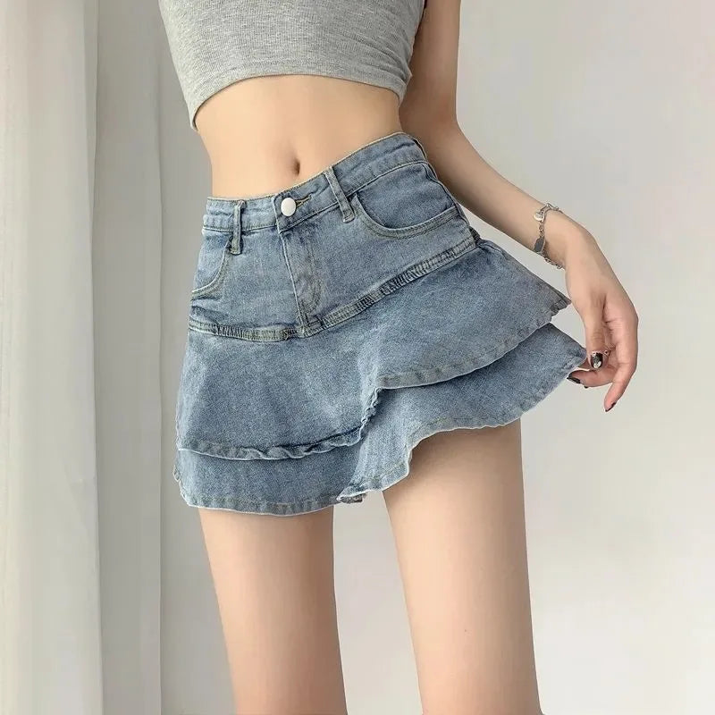 Harajuku Y2k Kawaii Hot Girl Denim Skirt College Style Women Pleated Skirt Jeans Casual High Waist Mini A-line Short Skirt