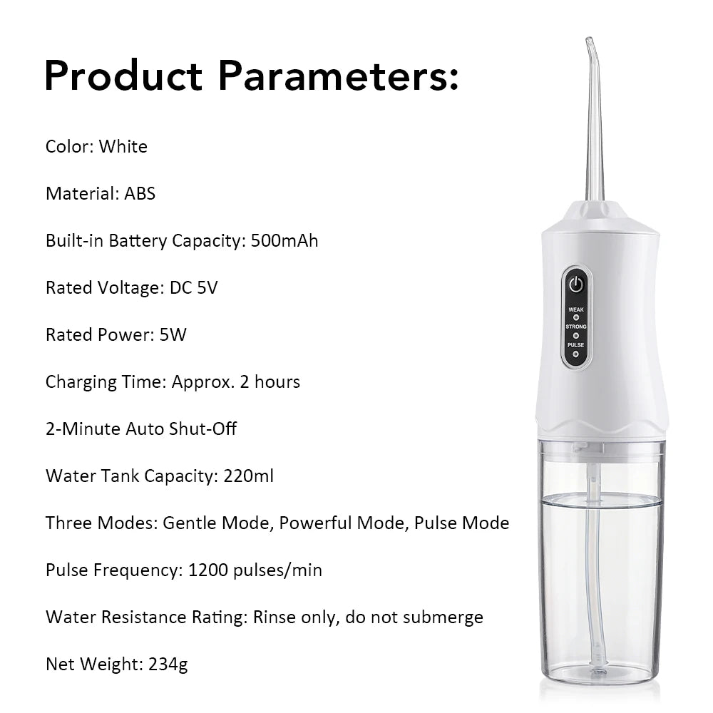 Portable Water Flosser 3 Modes 1200 Pulses/min 220ml Tank 500mAh Rechargeable 360° Nozzle Oral Irrigator Teeth Cleaner Home Use