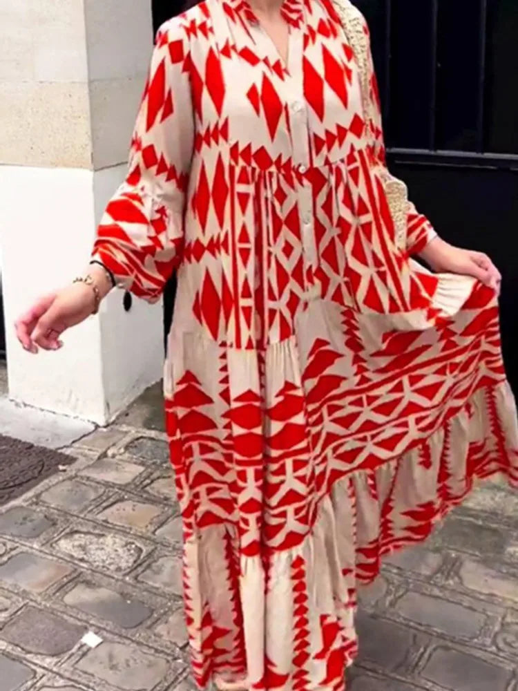 V-neck Long Sleeve High Waist Single Breasted Long Skirt New Holiday Loose Casual Women's Clothes Women Print Long Sleeve Dress