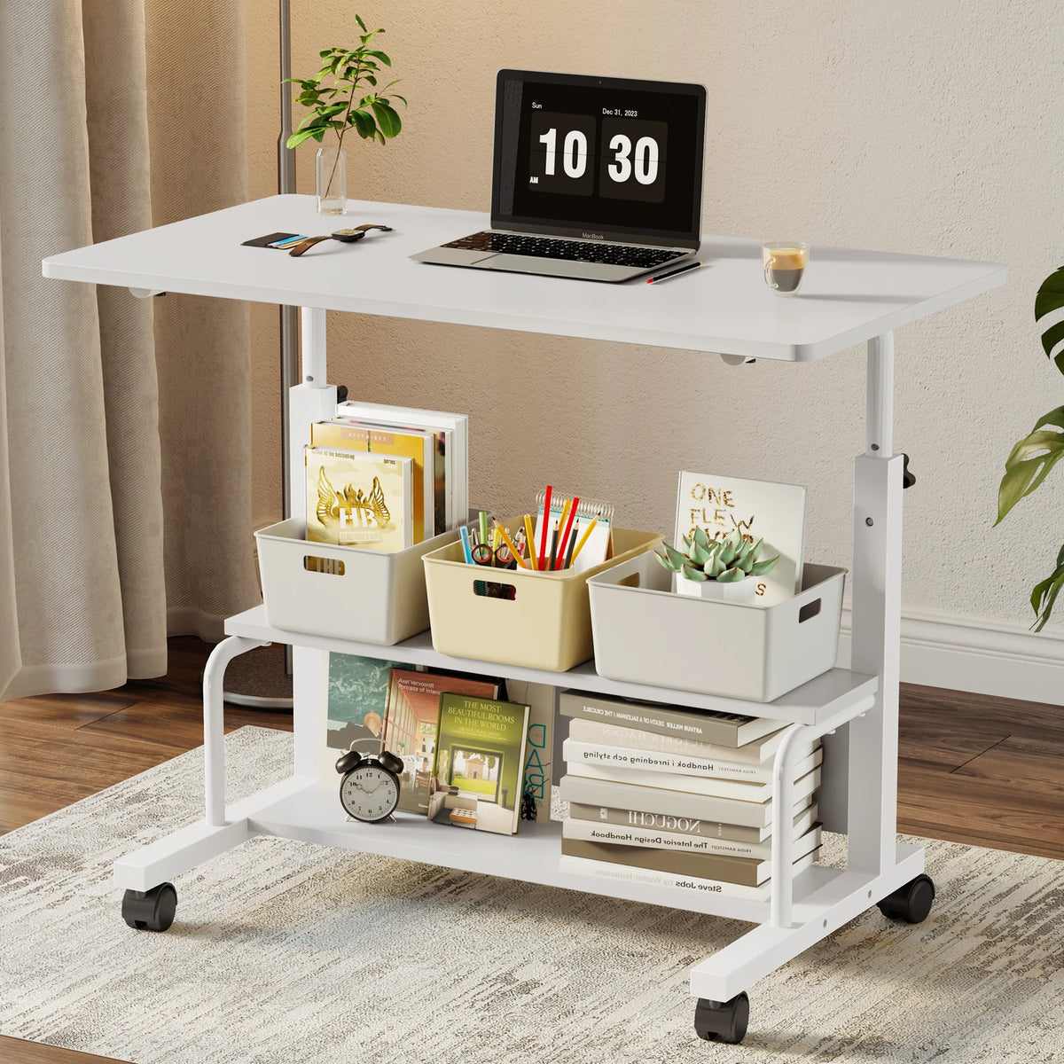 MCQ 31.5 Inch Mobile Rolling Lifting Computer Desk With Storage Shelves Ergonomic Standing Height Adjustable Computer Desk on Wheels Gaming Table for Home Office Use Workstation