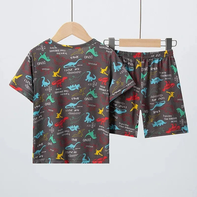 2 Pcs Summer Children's Fun Printed Shorts Short Sleeve Suit Boy Colorful Dinosaur Top Girl Sweet And Lovely Elastic Waist Short