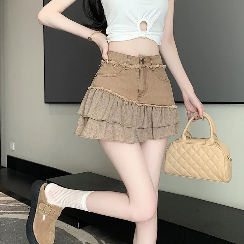 Fashion 2025 New Denim Patchwork Ruffle Denim Skirts Women Summer Retro High Waist Slim Skirts Woman
