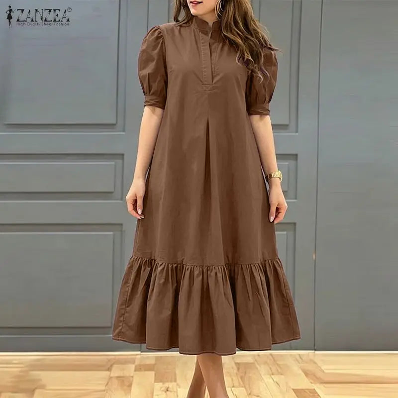 Women Casual A-Line Midi Dress Stand Collar Half Puff Sleeves Solid Color Loose Dresses ZANZEA Minimalist Daily Wear Vestidos