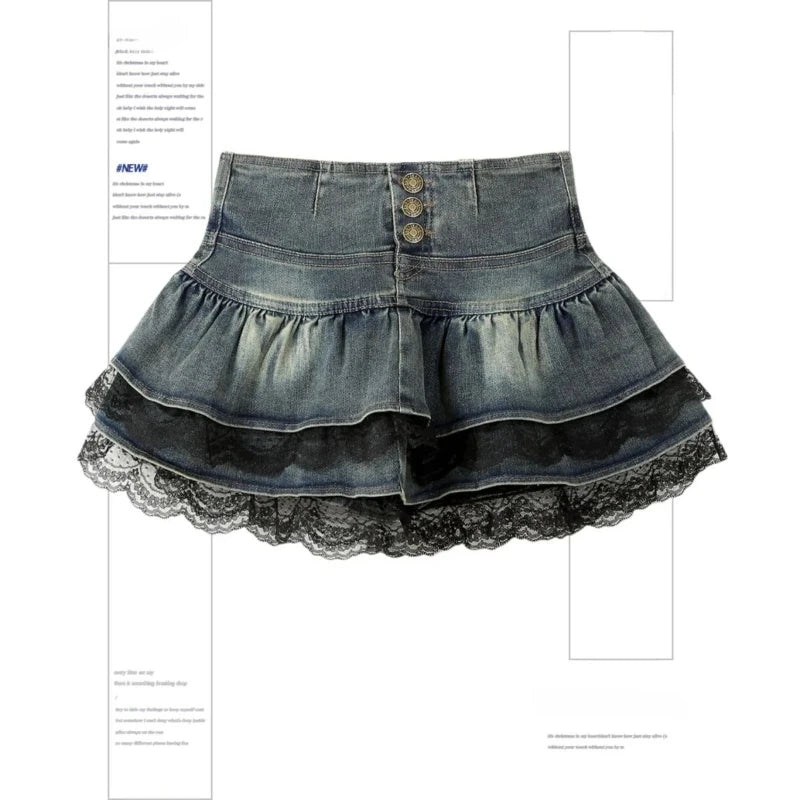Vintage Denim Pleated Skirt Woman LaceDesign A-line Y2k Mini Skirt Streetwear  American Spicy Girl Korea Fashion Hotsweet
