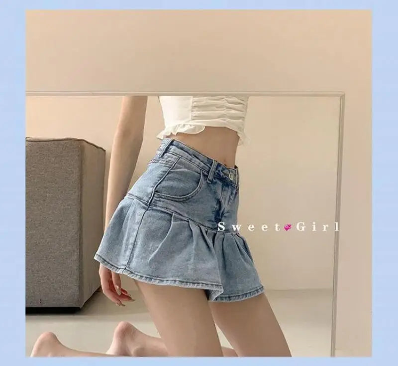 Y2K Vintage Denim Skirt Women Summer Fashion High Waist A-Line Wash Blue Slim Sexy Hot Girl Mini Jeans Ruffle Short Skirt Female