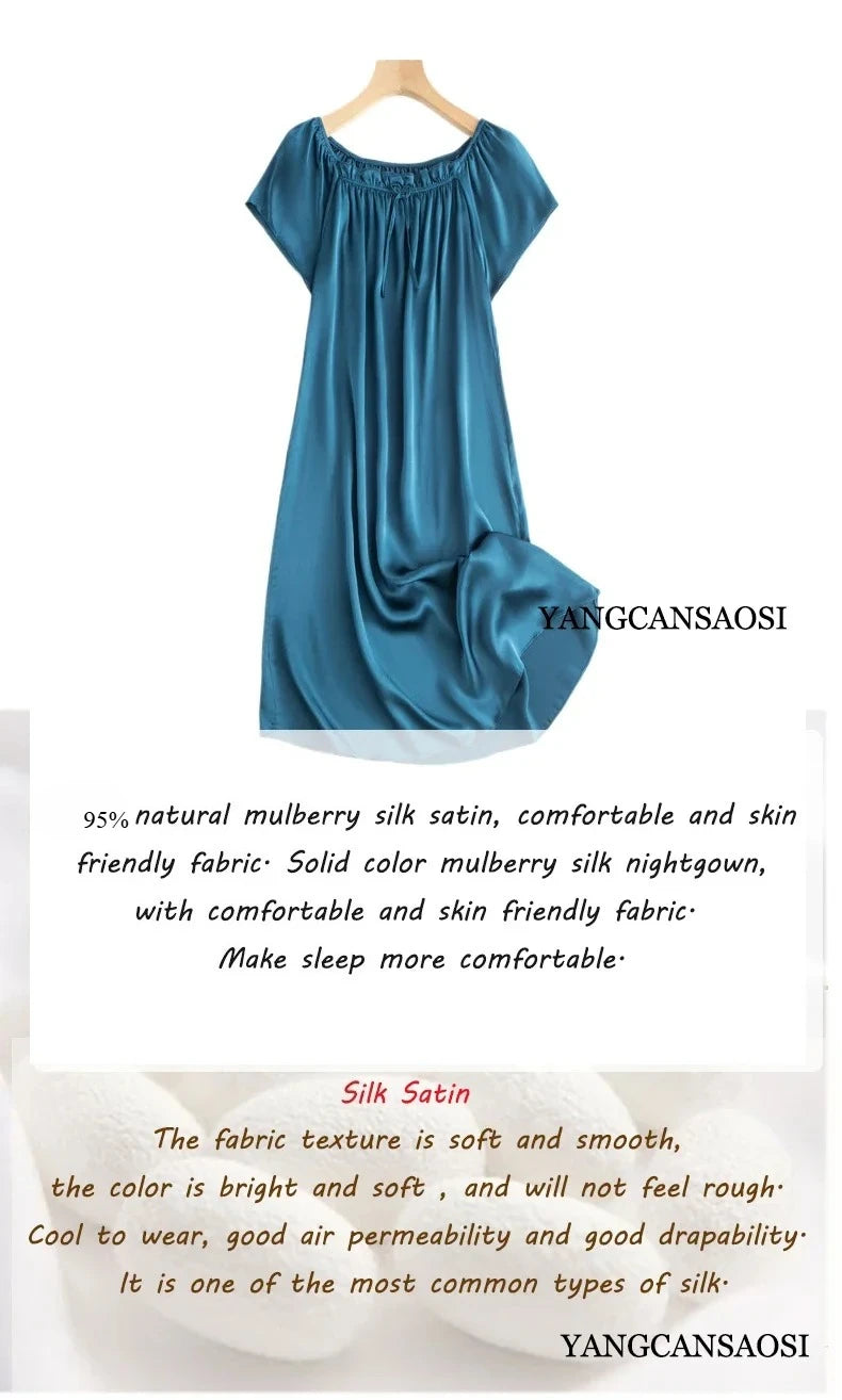 Women's Summer Casual Clothing 100% Natural Mulberry Silk Plain Satin Loose Short Sleeved Solid Color Princess Nightdress
