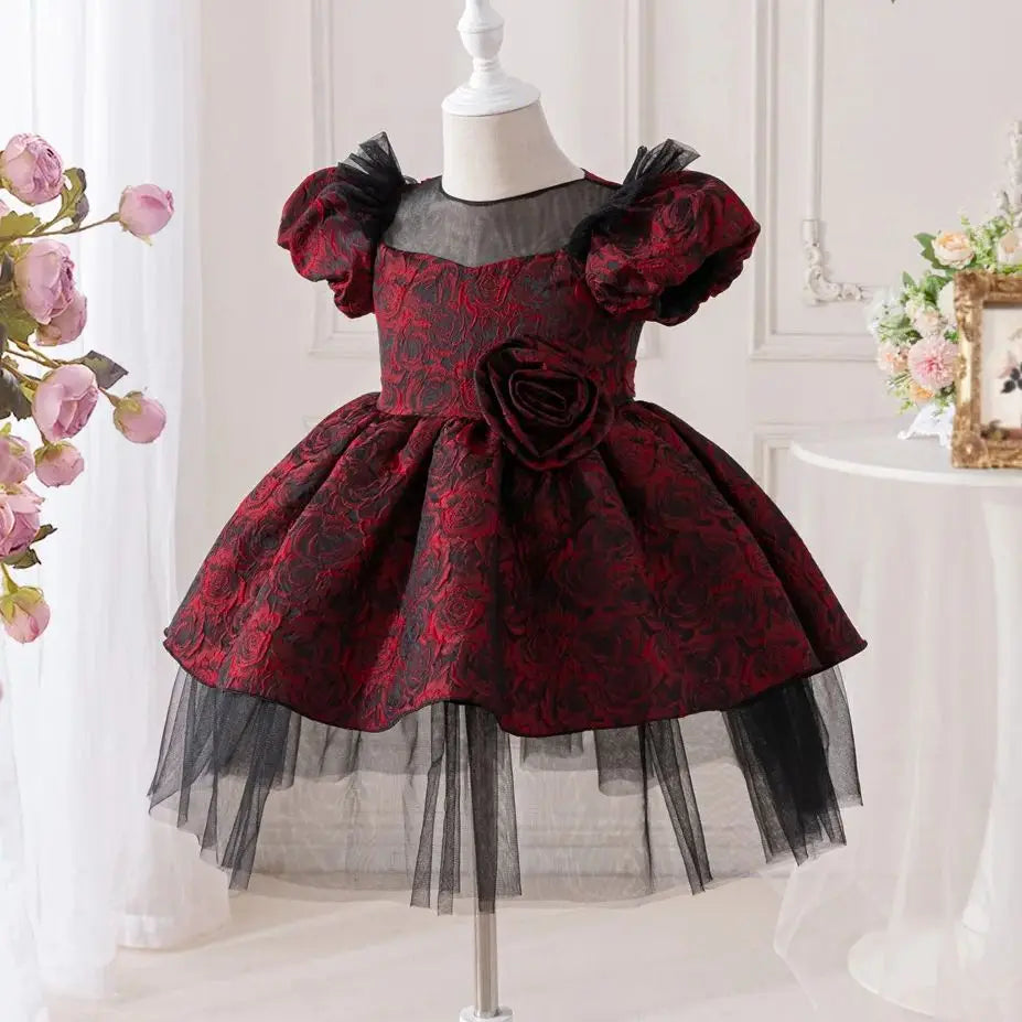HETISO Rose Floral Kids Girls Party Dresses Elegant Princess Tulle Children Ball Gown for Christmas Wedding Birthday