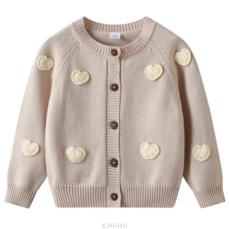 Teen Girl Clothes 2025 Children New Korean Cardigan Girls Knit Jacket Spring Autumn Outfit Style Costume Handmade Heart DIY Kids