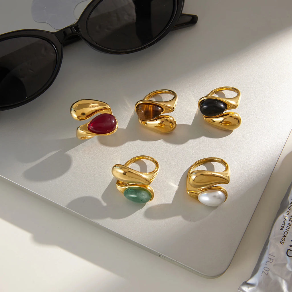 Youthway Water Drop Natural Stone Open Rings For Women Minimalist 18K Gold Plated Stainless Steel Rings Simple Fashion Jewelry