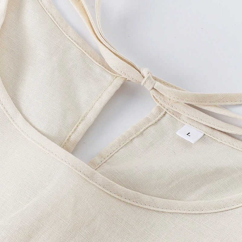 Women Cotton Linen Midi Dresses Summer Chic Female Vestidos Loose A-Line Dress Short Puffy Sleeve Casual Sundress