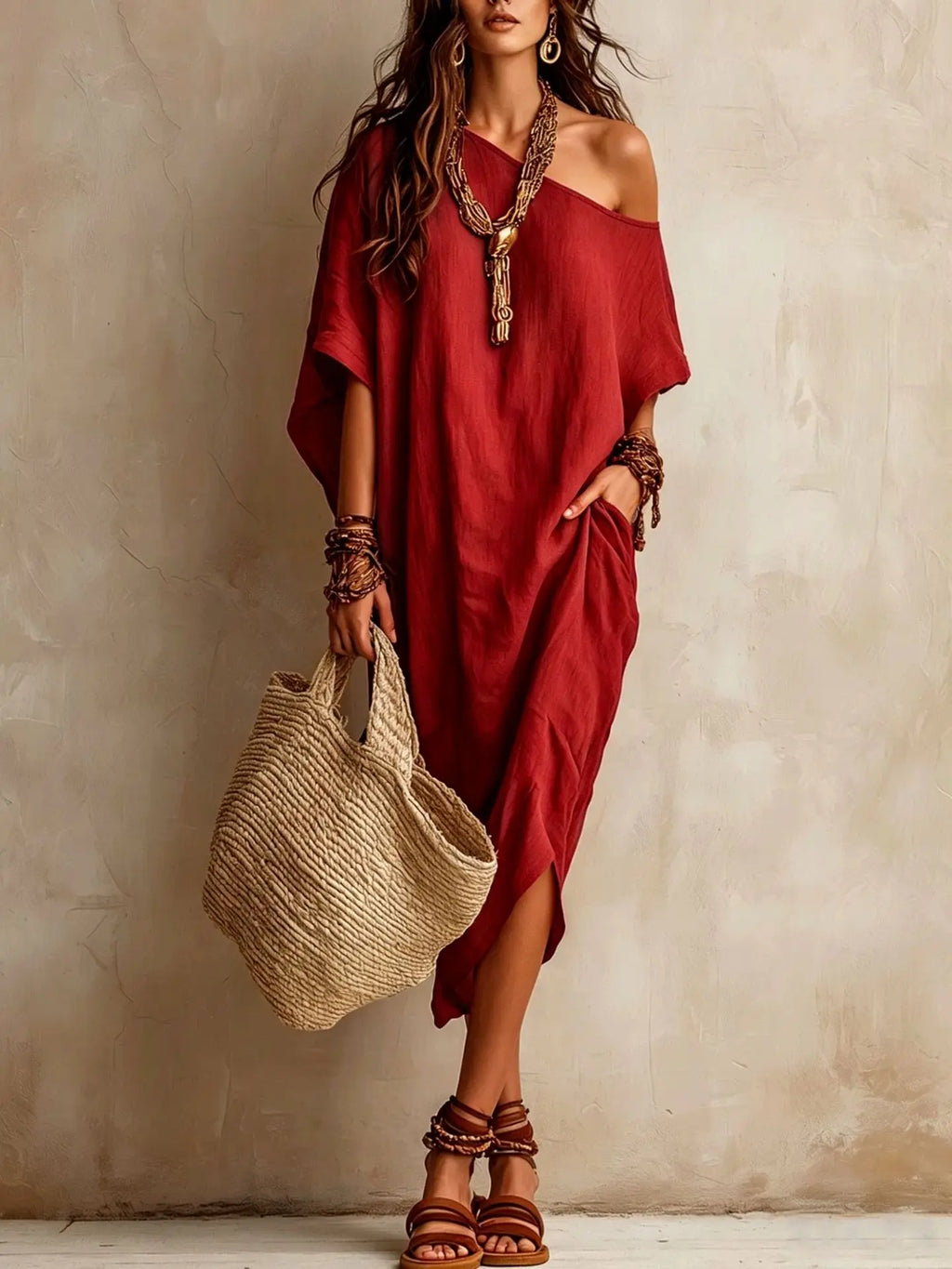 Women's Vintage Off-Shoulder Batwing Sleeve Midi Dress - Solid