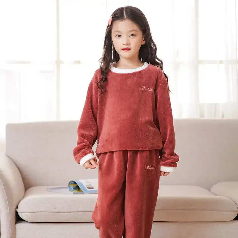 2PCS Flannel Pajama Pullover Top Winter Toddler Children Baby Coral Fleece Warm Sweatshirt Pant Boy Girl Kids Fall Sleepwear Set
